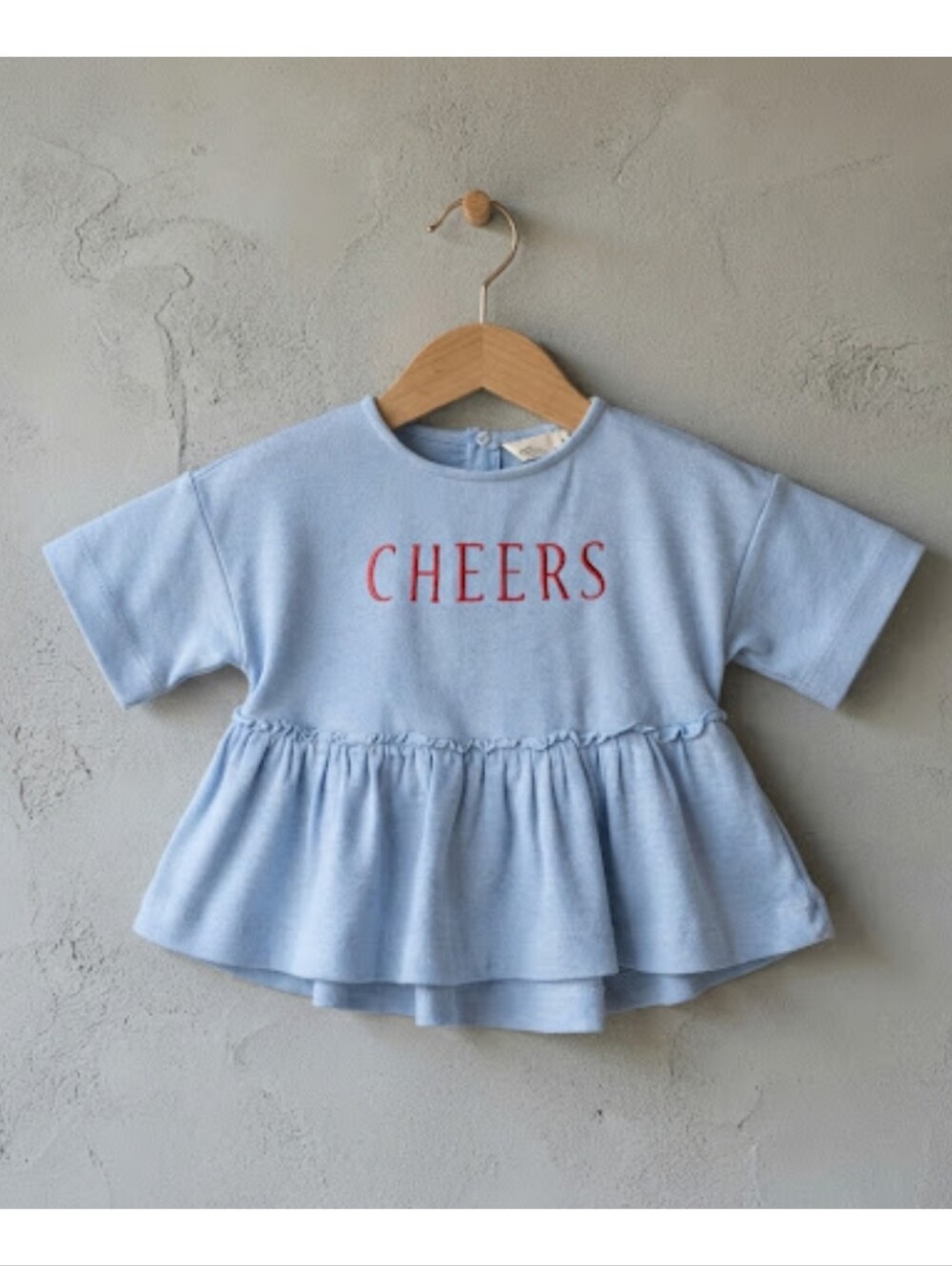 ZARA Girls Blue Short Sleeve Peplum Shirt "CHEERS" Red Embroidery Size 5 Years